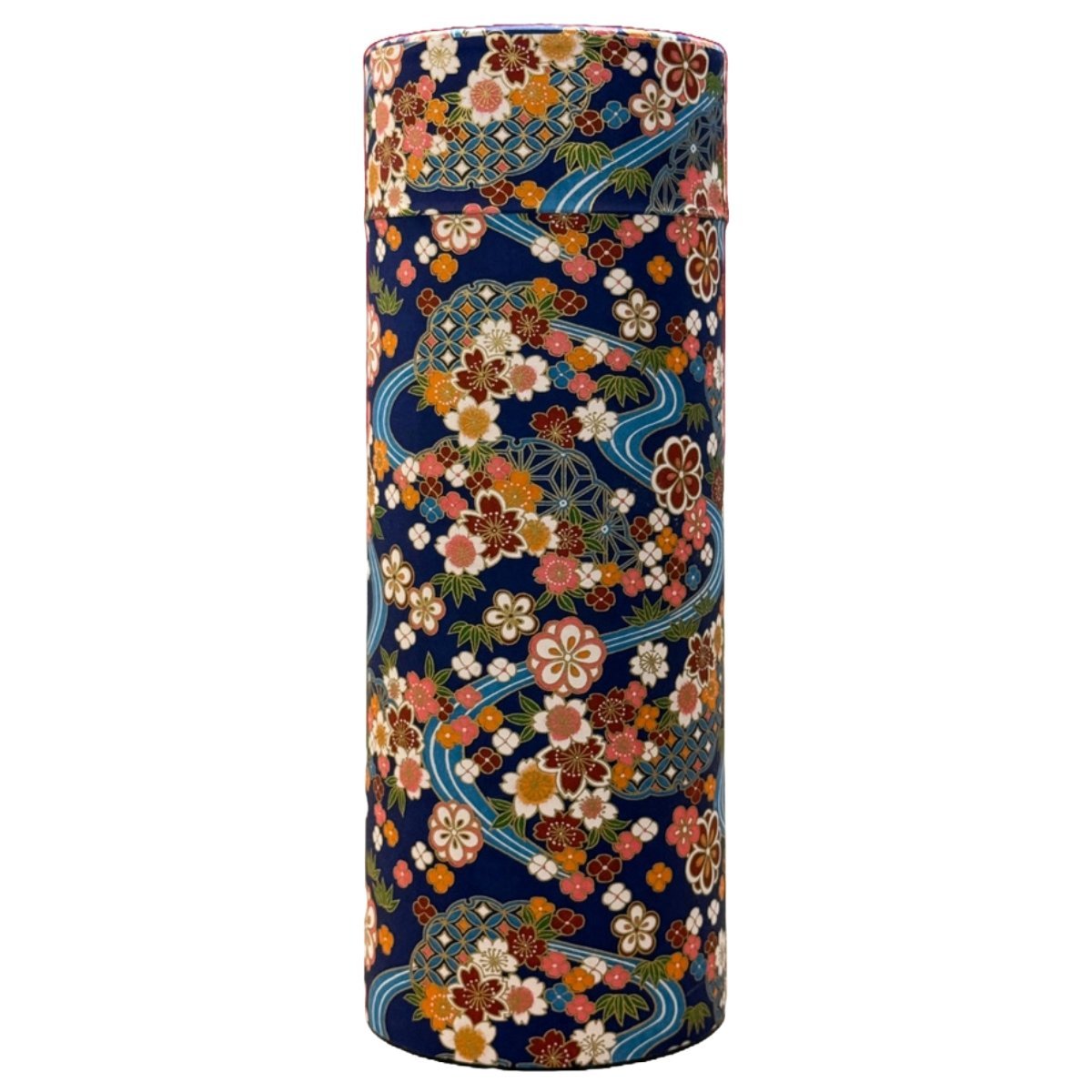 Japansk Tedåse X - LARGE - i mørkeblå med gule, rosa og hvide blomster - Grønlykke.com