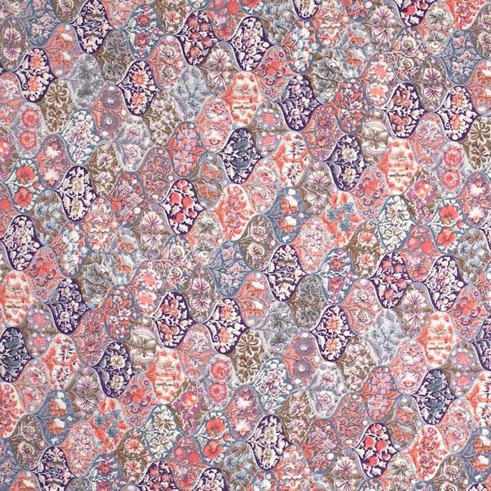 Stof i grafisk dråbemønster i Lilla & Blå/Grå toner, med Blomster i lilla nuancer - Grønlykke.com