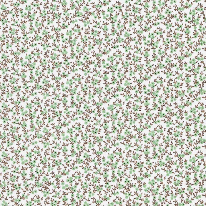 Stof i Hvid med Grønne blomster & Brune blade - Grønlykke.com