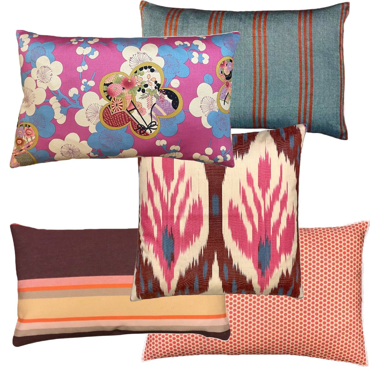 Unikke designerpuder - Japan, blomstret mønster - pink, creme og turkis, 50 x 30 cm - Grønlykke.com