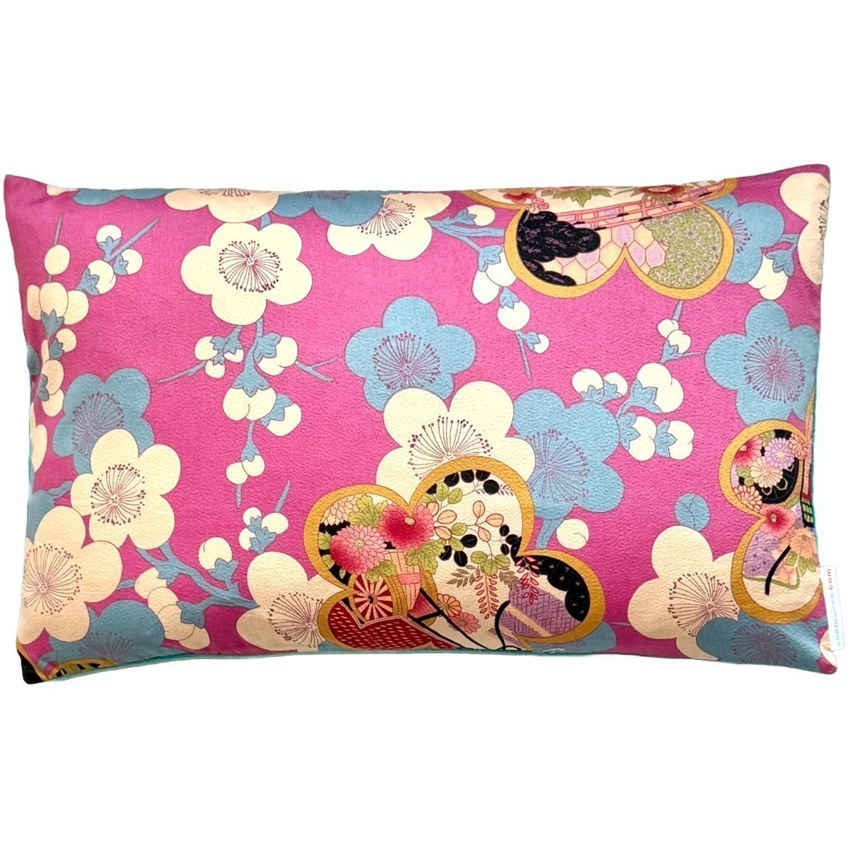 Unikke designerpuder - Japan, blomstret mønster - pink, creme og turkis, 50 x 30 cm - Grønlykke.com