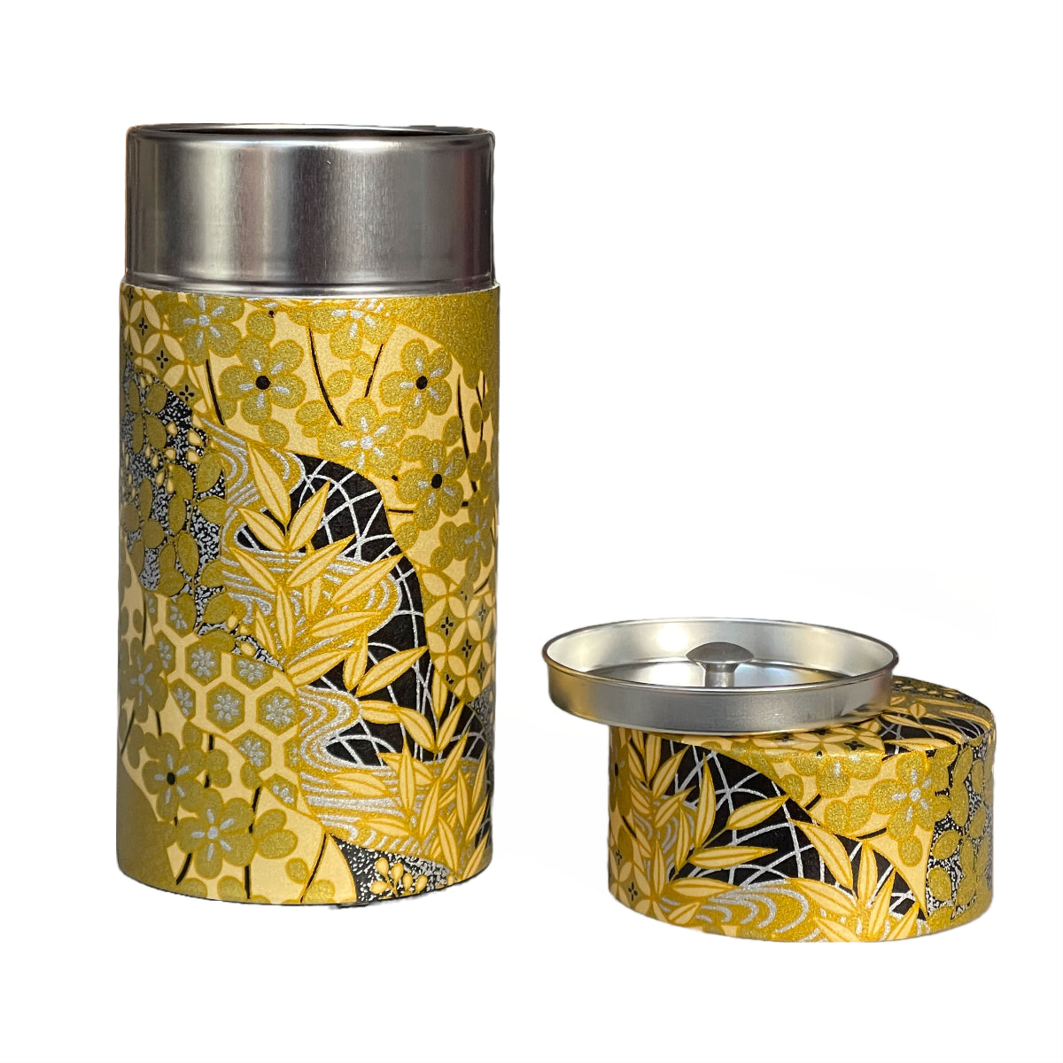Japansk Tedåse - Guld, Gul & Sort Yuzen papir i japansk blomstermønster I Grønlykke.com