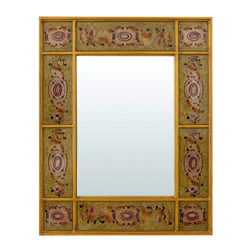 Håndmalet Olivengrøn Spejl med Gylden Decoration 42x52 cm