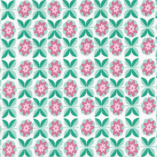 Stof i Grafisk blomstermotiv Pink, Hvid & Grøn I grønlykke.com