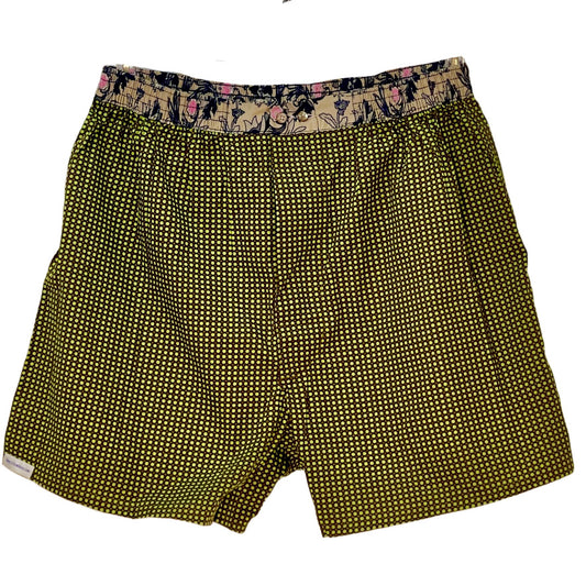 Boxer Shorts - i Mørkebrun m. Lime grønne prikker - rosa mønstret linning I Grønlykke.com