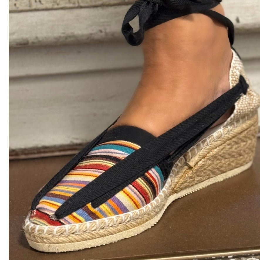 Espadrilles sko fra spanien - Multicolor striber og binde bånd - Grønlykke.com