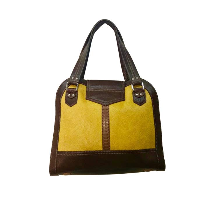 OUTLET Håndtaske Orla Kiely - Brunt læder m. Okker Pels & Sølv lås - Grønlykke.com