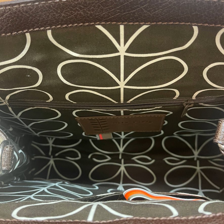 OUTLET Håndtaske Orla Kiely - Brunt læder m. Okker Pels & Sølv lås - Grønlykke.com