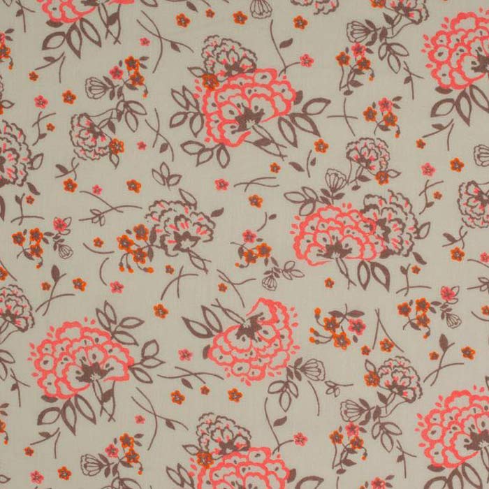 Stof i creme med Neonorange & lysebrune blomster - Grønlykke.com