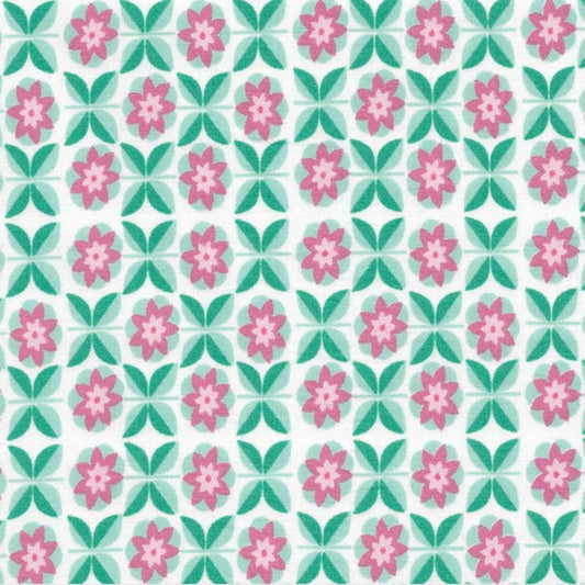 Stof i Grafisk blomstermotiv Pink, Hvid & Grøn - Grønlykke.com