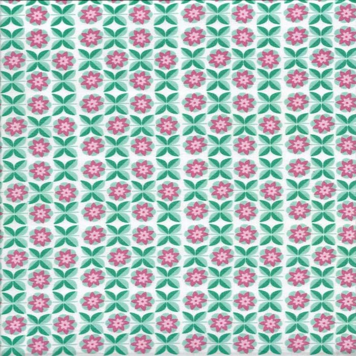 Stof i Grafisk blomstermotiv Pink, Hvid & Grøn - Grønlykke.com