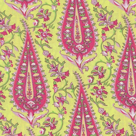 Stof i Gul med Smukke Ornamenterede, Blomster mønstre Pink, Grøn & Lyserød - Grønlykke.com
