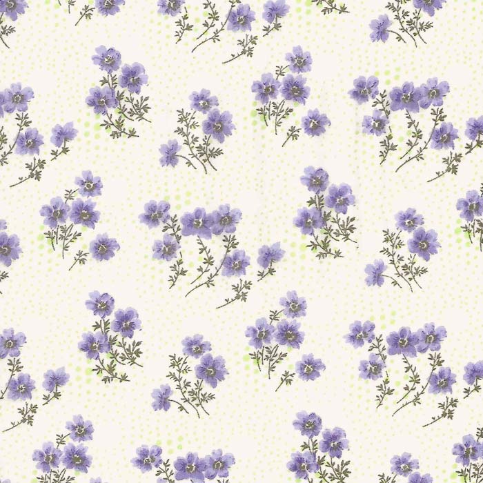 Stof i Hvid med Lilla blomster & Limegrønne Prikker - Grønlykke.com