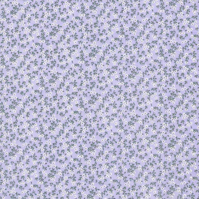 Stof i lavendel med Hvide blomster & Grønne blade - Grønlykke.com