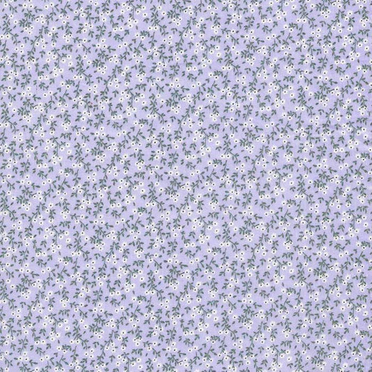 Stof i lavendel med Hvide blomster & Grønne blade - Grønlykke.com