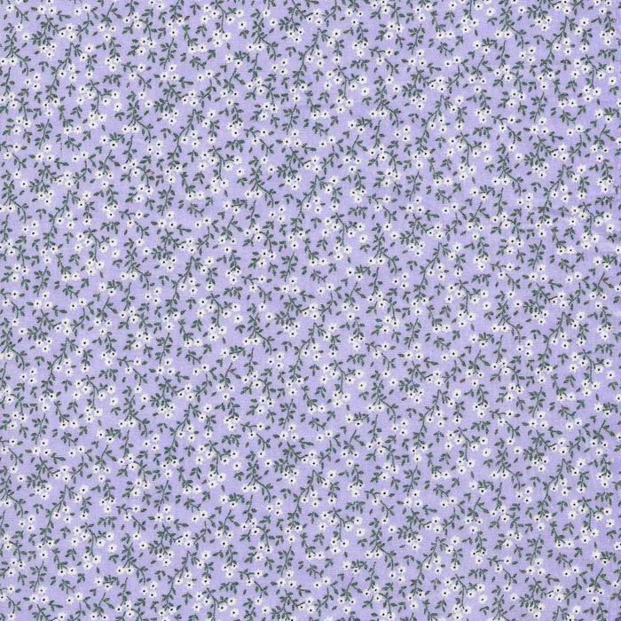Stof i lavendel med Hvide blomster & Grønne blade - Grønlykke.com