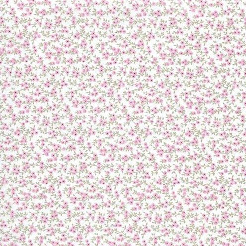 Stof på Hvid baggrund, med Lyserøde blomster & lysegrå grene - Grønlykke.com