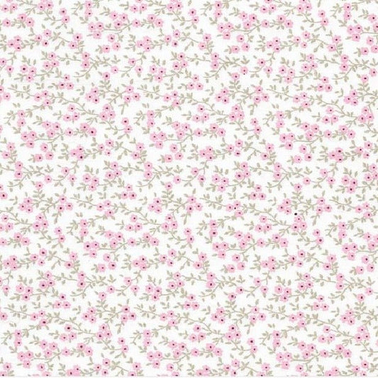 Stof på Hvid baggrund, med Lyserøde blomster & lysegrå grene - Grønlykke.com