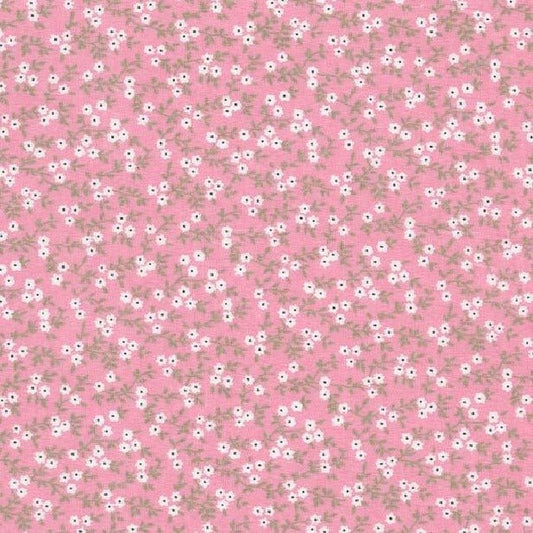 Stof på lyserød baggrund med små Hvide blomster på Grønne grene - Grønlykke.com
