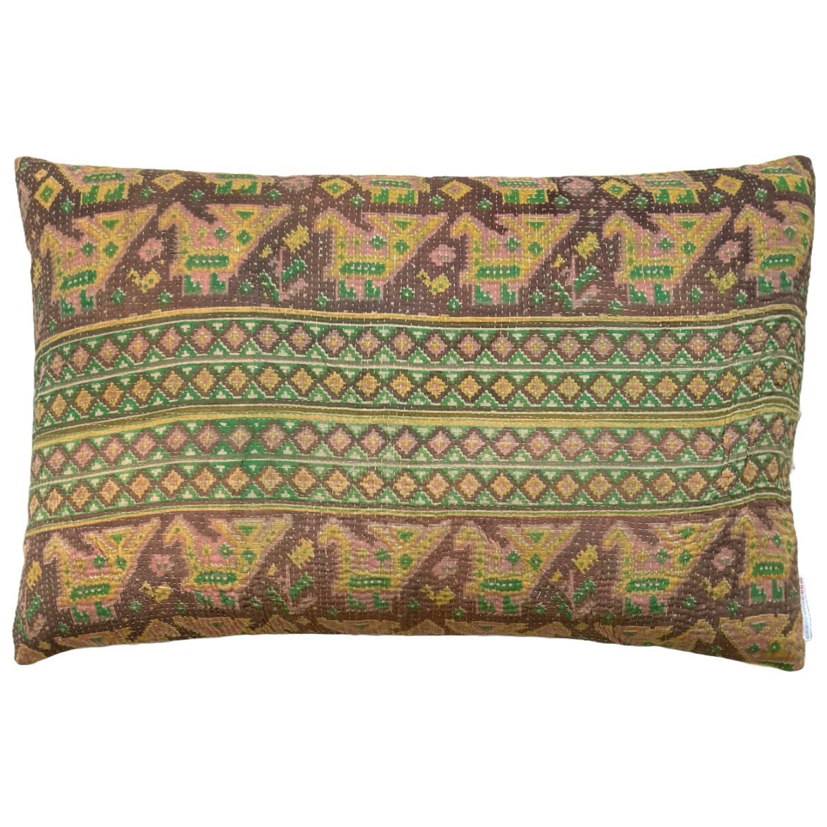Unika Pude – Vintage Kantha i Grøn, Hvid, Brun og Rosa #3 | 60 x 40 cm - Grønlykke.com