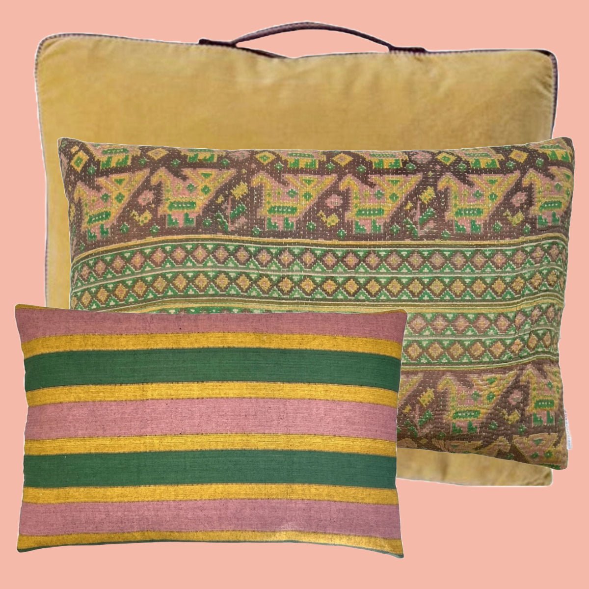 Unika Pude – Vintage Kantha i Grøn, Hvid, Brun og Rosa #3 | 60 x 40 cm - Grønlykke.com