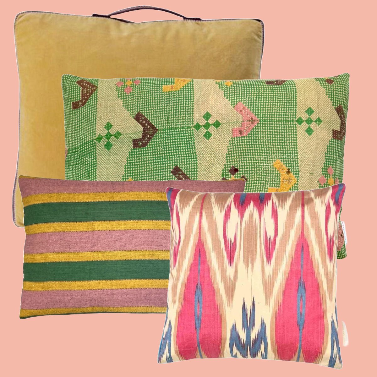 Unika Pude – Vintage Kantha i Grøn, Hvid, Gul og Rosa #1 | 60 x 40 cm - Grønlykke.com