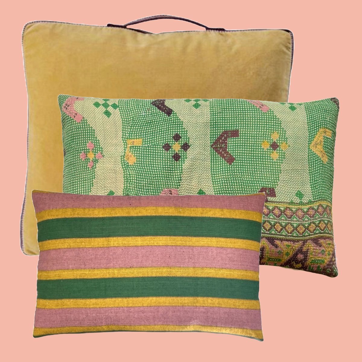 Unika Pude – Vintage Kantha i Grøn, Hvid, Gul og Rosa #2 | 60 x 40 cm - Grønlykke.com
