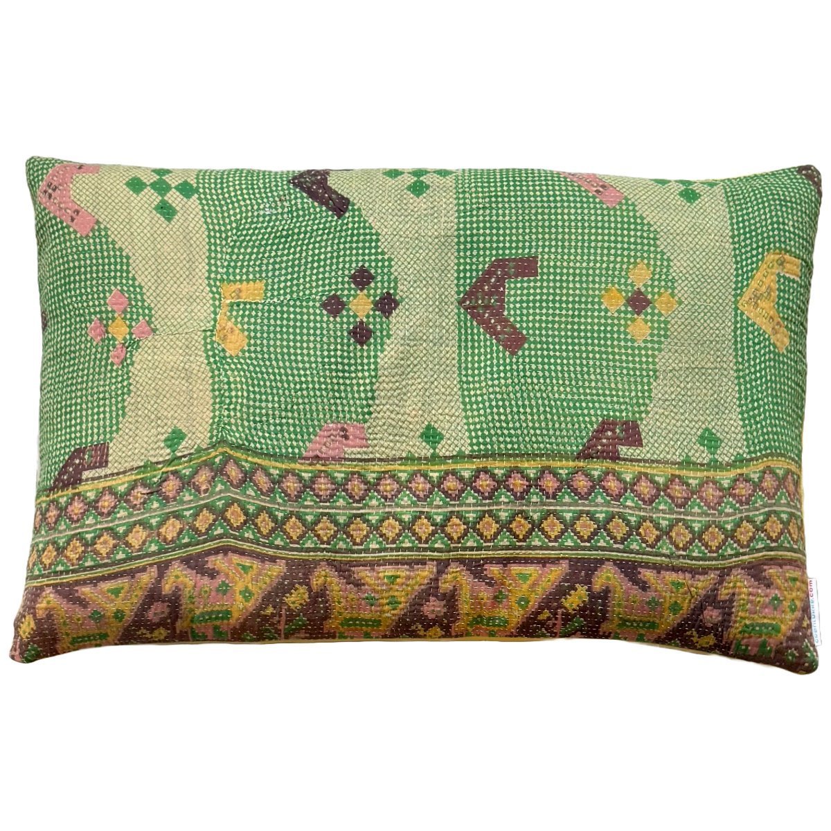 Unika Pude – Vintage Kantha i Grøn, Hvid, Gul og Rosa #2 | 60 x 40 cm - Grønlykke.com
