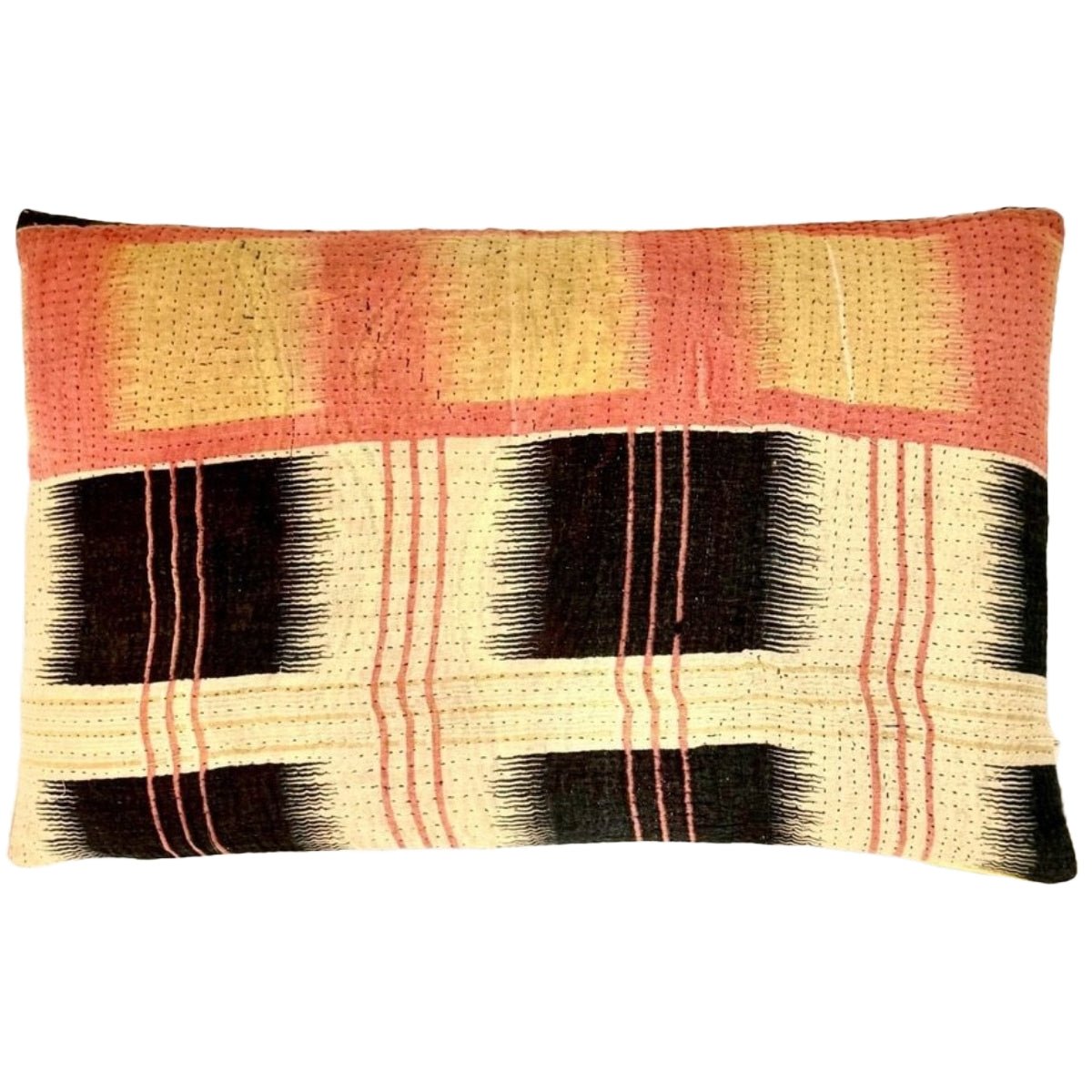 Unika puder Vintage Kantha pude i Mørkeblå, Kanariegul og sorbet #3 - Grønlykke.com