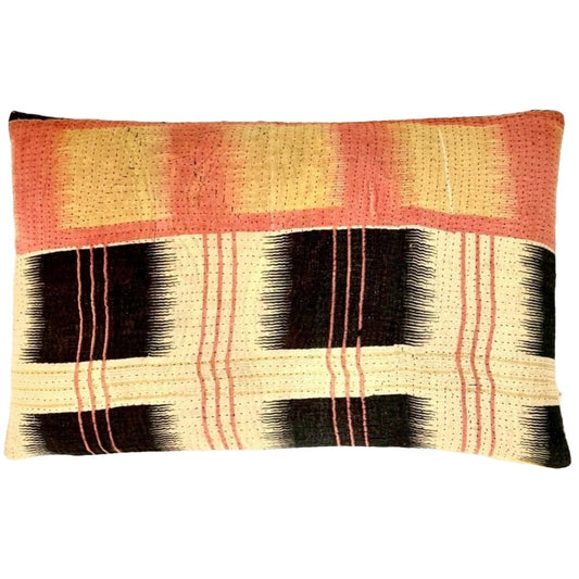 Unika puder Vintage Kantha pude i Mørkeblå, Kanariegul og sorbet #3 - Grønlykke.com