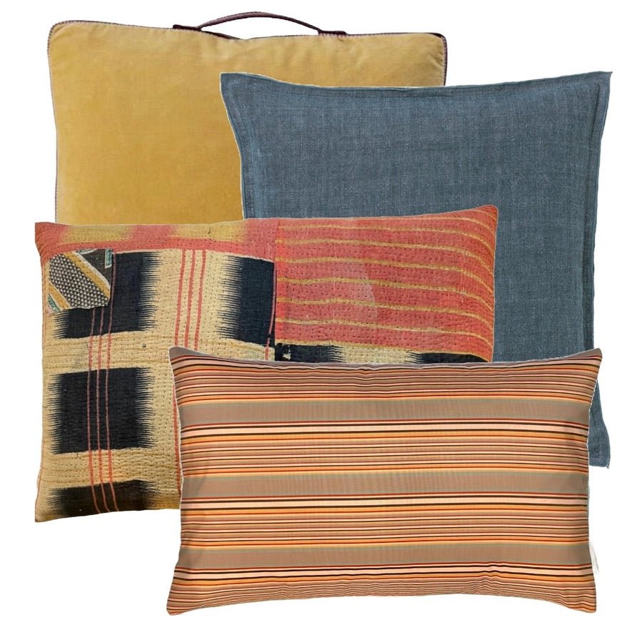 Unika puder Vintage Kantha pude i Mørkeblå, Kanariegul og sorbet #3 - Grønlykke.com
