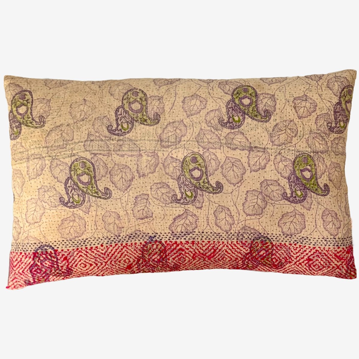 Vintage Kantha pude i Lilla og Grønne Nuancer | 50 x 30 cm - Grønlykke.com
