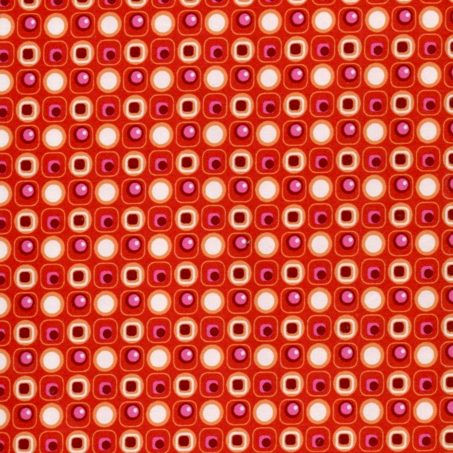 Stof i Rød, Orange, Hvid & Pink grafisk retro mønster I grønlykke.com