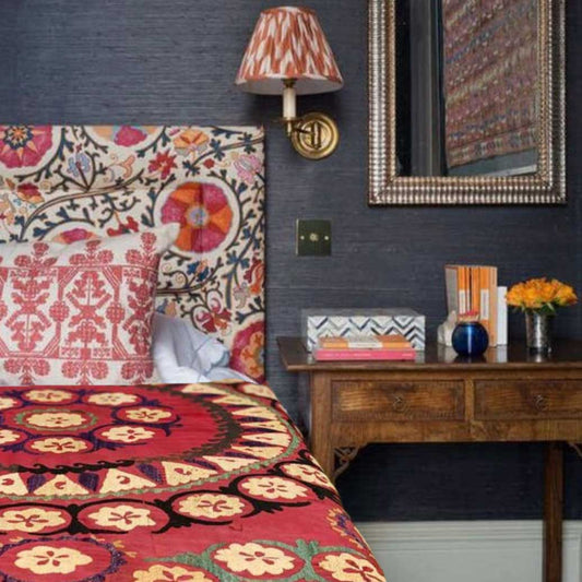 Flotte sengetæpper til enkelt- eller halvandenmandsseng, håndbroderet, Ottoman vintage – rusty red, yellow, purple & blue, 140 x 200 cmö