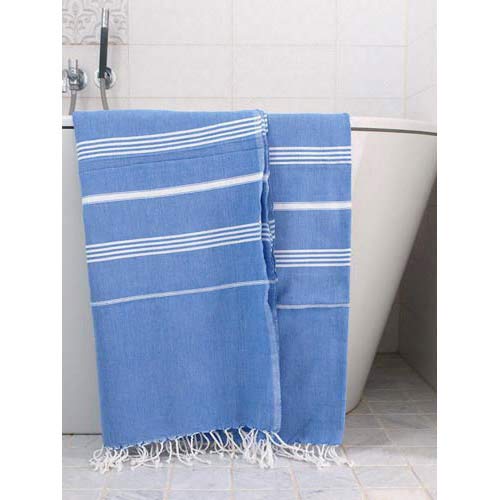 Hammam Håndklæde Greek Blue m. Hvide Striber 160x220 I Gronlykke.com