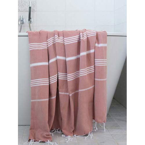 Hammam Håndklæde Kobberrød M. Hvide striber 160x220 I Gronlykke.com