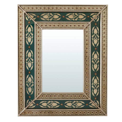 Handcrafted Green Painted Mirror with Oriental decoration 42x52 cm
