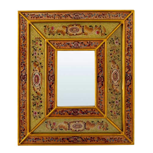 Håndmalet Olivengrøn Spejl med Gylden Decoration 34x39 cm