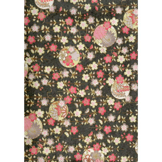 Japan Papir - Grey pattern, with flamingo Red & light green & pink flowers I grønlykke.com
