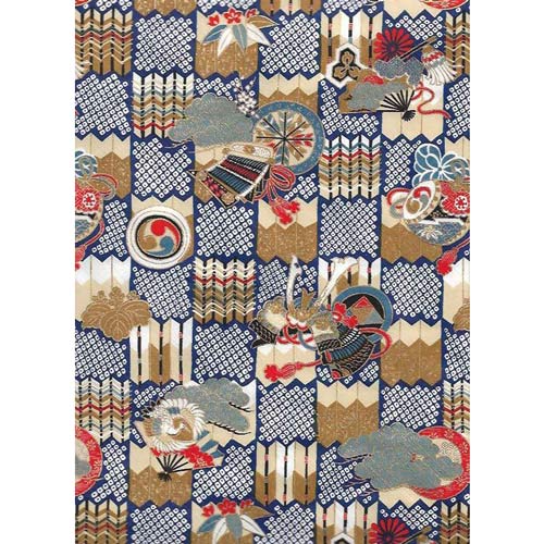 Japan Papir - Notch sqaured Pattern with Blue, Ochre, red and Ecru, with asian motives I grønlykke.com