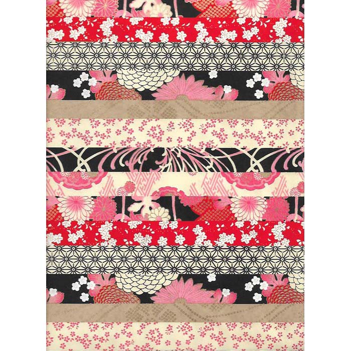 Japan Papir -  Patterned Black, Pink & Ecru stripes with diffrent flower motives I Gronlykke.com