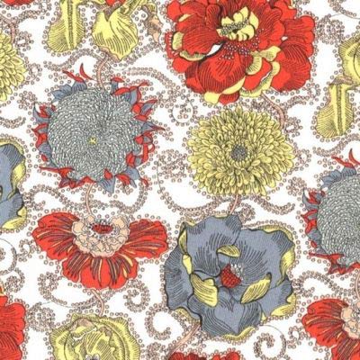 LIBERTY Fabric - Lucy Daisy white, Yellow , Orange & Greyblue Flowers.