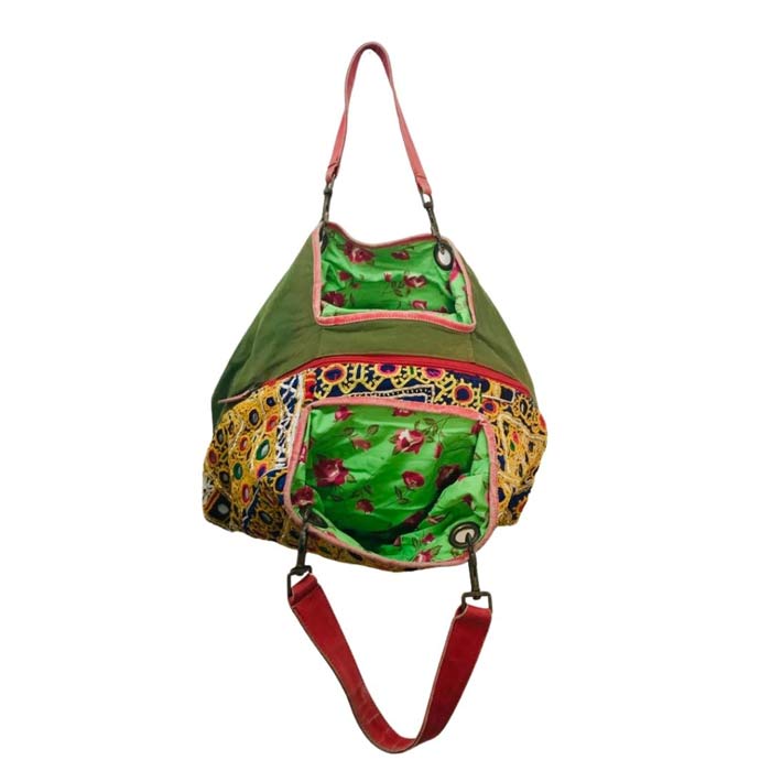 OUTLET Håndtaske Large fra Jaipur - Gul, Rød, Blå & Grøn m. Broderi, Spejle & Rødt læder