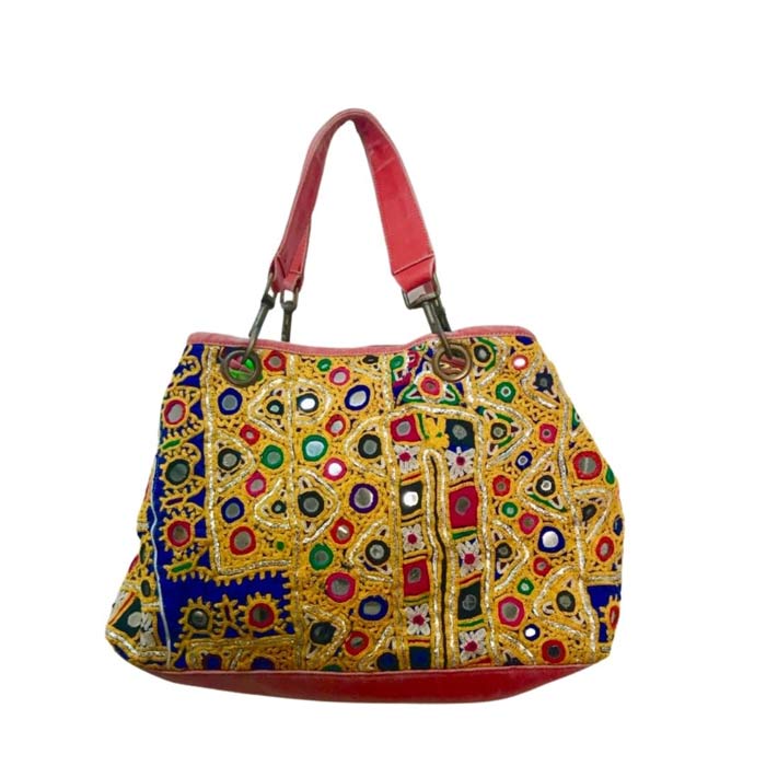 OUTLET Håndtaske Large fra Jaipur - Gul, Rød, Blå & Grøn m. Broderi, Spejle & Rødt læder I Grønlykke.com