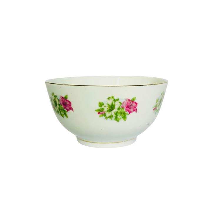 OUTLET  Kinesisk Skål lille - Porcelæn Hvid Blomster motiv i Grøn & Pink m. Guld kant