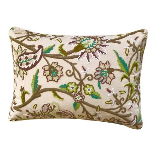 Pillow from Kashmir - Embroidered wool in green, brown & pink with floral motif - 50x70