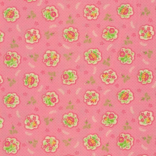 Stof babypink med blomstermotiv i Grøn, Pink, Hvid & Gul I grønlykke.com