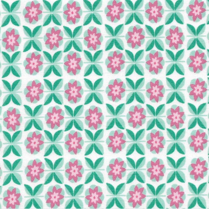 Stof i Grafisk blomstermotiv Pink, Hvid & Grøn I grønlykke.com
