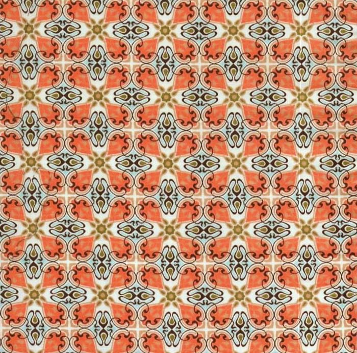 Stof i Orange, Sort, Lyseblå & Mørk Okker grafisk ornamenteret mønster I grønlykke.com