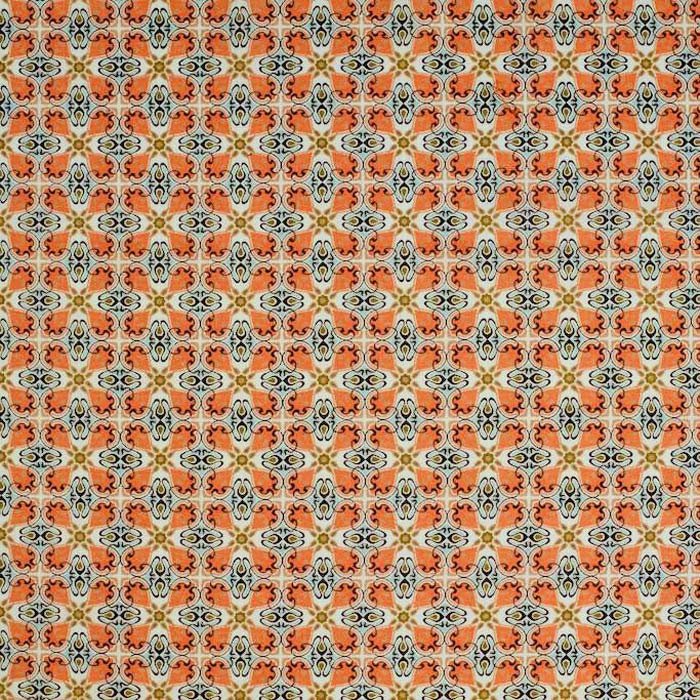 Stof i Orange, Sort, Lyseblå & Mørk Okker grafisk ornamenteret mønster I grønlykke.com